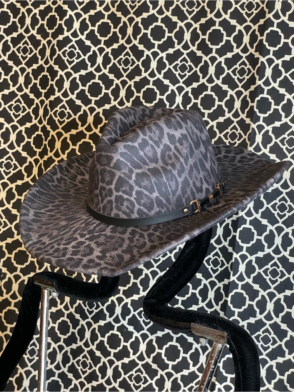 Gray Leopard Print Wide-Brim Women's Hat with Black Band